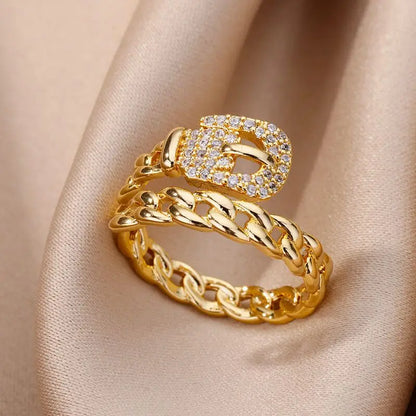 Zircon Belt Rings For Women Stainless Steel Adjustable Finger Ring