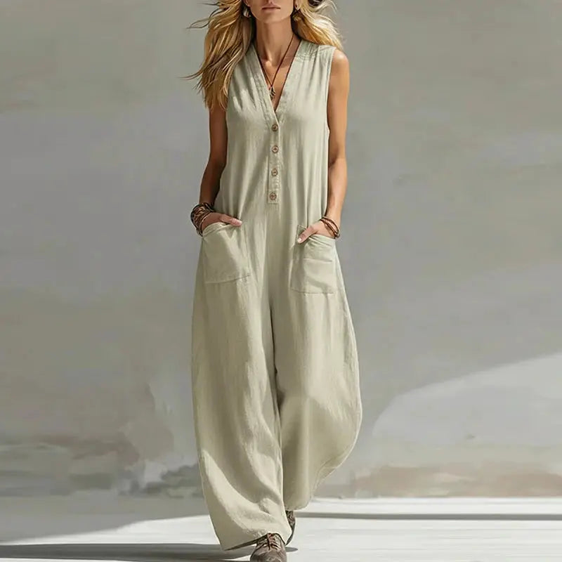 New Summer Sleeveless Cotton Linen Jumpsuit Women Casual V Neck Loose Wide Leg Pants Jumpsuit Women Casual Commuting Bodysuits by Adornity