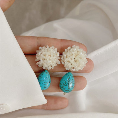 Elegant White Beads and Blue Stone Flower Drop Earrings