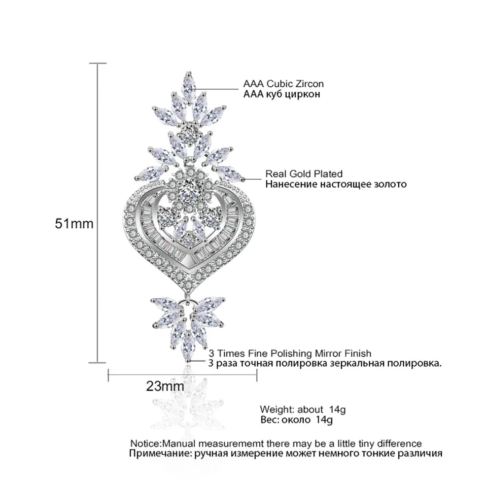 Bridal Heart Zircon Pendant Earrings  Long Hollow Crystal Inlay Drop Earring Bridal Wedding Jewelry