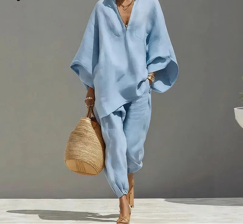 Female Clothing Two Piece Set 2026 Spring V Neck Loose Top Pullover & Long Pants Outfits Woman Batwing Sleeve Vintage Suit Mujer by Adornity