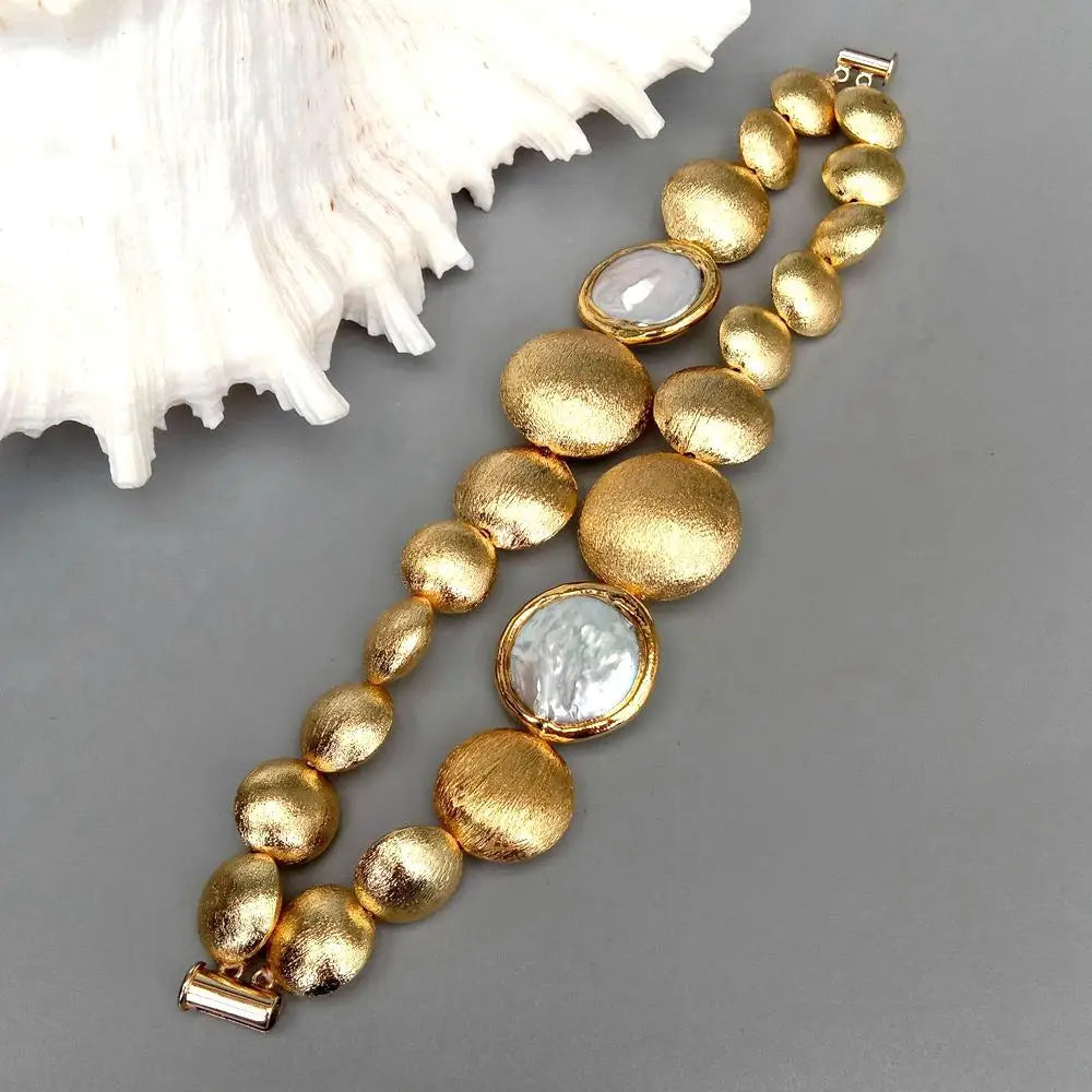 White Coin Pearl and Brushed Bead Strand Bracelet with Gold Plating