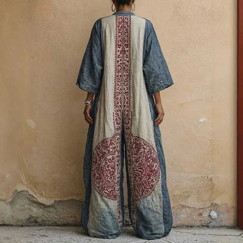 Womens Boho Ethnic Print Oversized Jumpsuit V Neck Batwing Wide Leg Long Pantsuit New Vintage Loose Vacation Romper With Pockets by Adornity