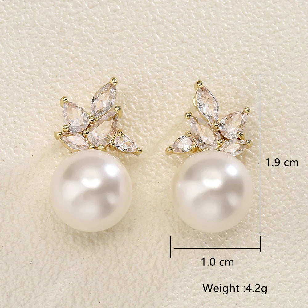 Bridal Fashion Pearl Stud Earrings  Cubic Zirconia Leaf Flower Earrings