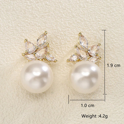 Bridal Fashion Pearl Stud Earrings  Cubic Zirconia Leaf Flower Earrings