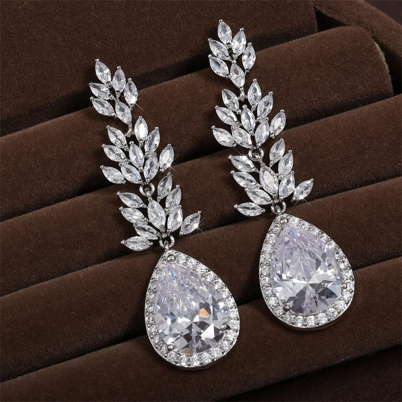 Bridal Crystal Leaf Earrings, Silver Cubic Zirconia Wedding Jewelry,