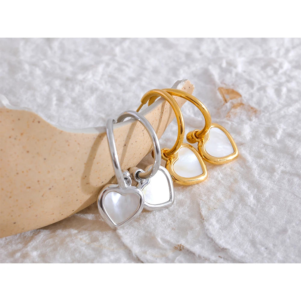 Natural Shell Heart Drop Stainless Steel Gold Color Hoop Earrings