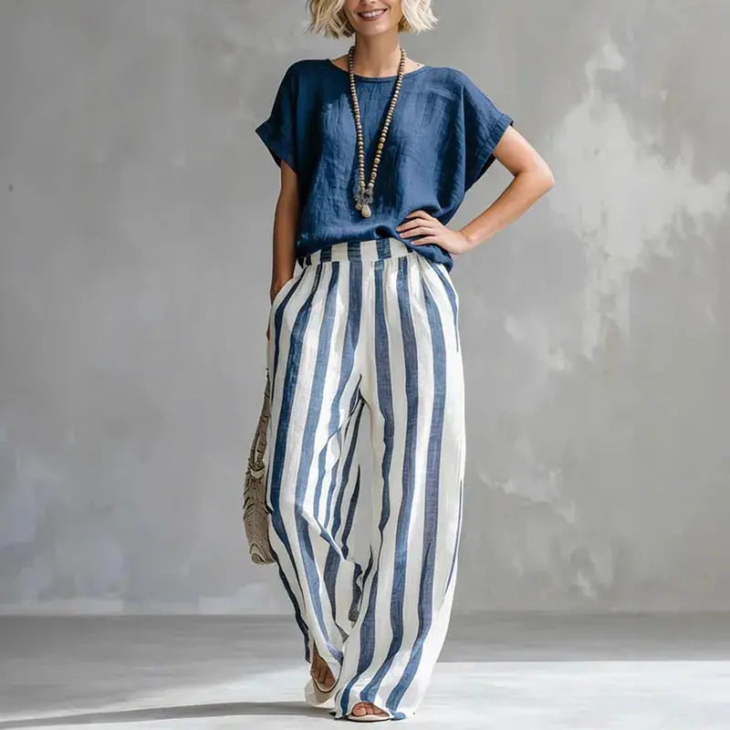 Sexy Crew Collar Top T-shirts Wide Leg Trousers Suit Woman Spring Striped Print Cotton Linen Set Summer Short Sleeve Boho Outfit by Adornity