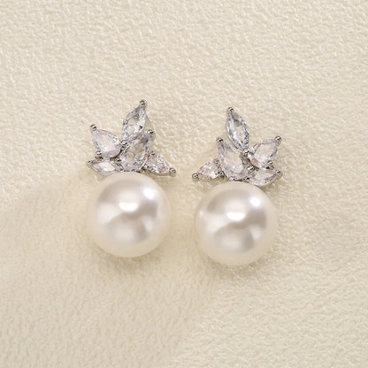 Bridal Fashion Pearl Stud Earrings  Cubic Zirconia Leaf Flower Earrings