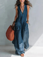 Summer Sleeveless Cotton Linen Jumpsuit Women V Neck Loose Wide Leg Pants Double Pocket Jumpsuit Casual Commuting Bodysuits by Adornity