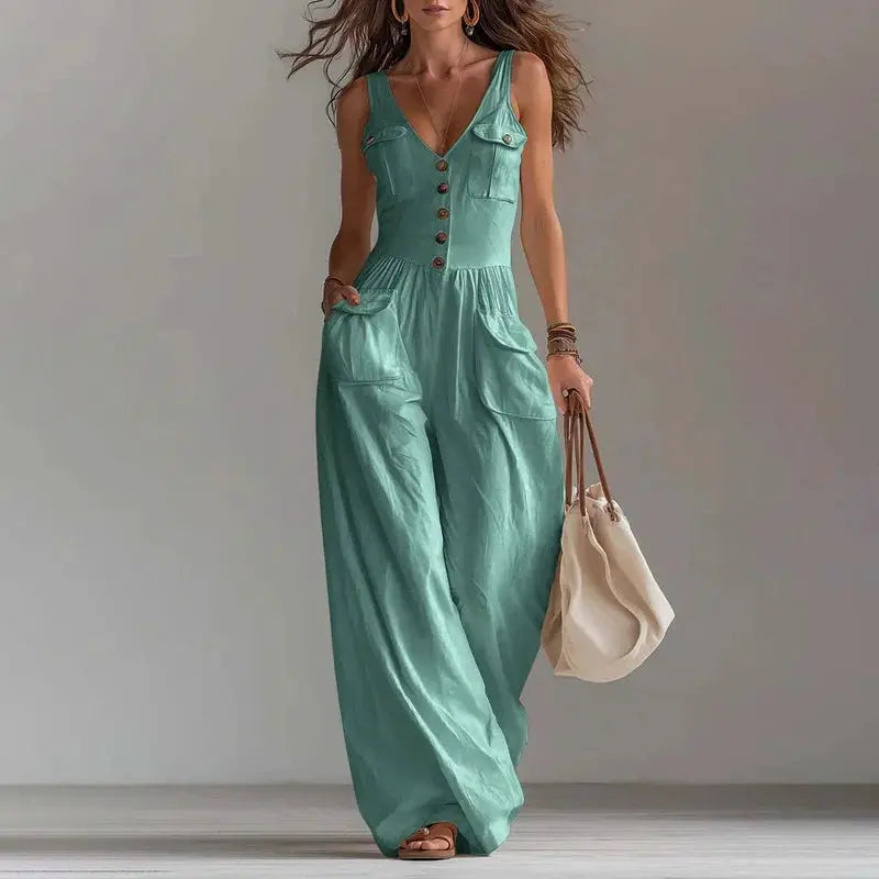 Sexy V Neck Button Wide Leg Jumpsuit Elegant Solid High Waist Woman Romper 2026 Spring Summer Sleeveless Vacation Beach Overalls by Adornity