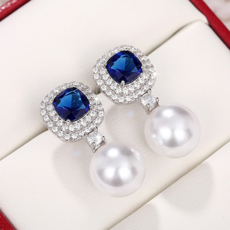 Blue Cubic Zirconia and Imitation Pearl Drop Earrings