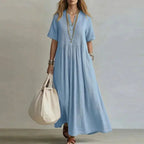 Retro Solid Cotton Linen Maxi Dress Woman Spring Sexy V Neck Draped Pocket Long Dress Summer Short Sleeve High Waist Party Dress by Adornity