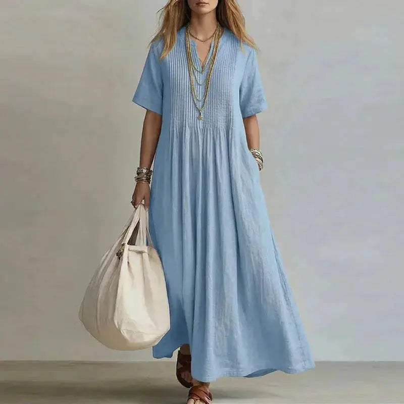 Retro Solid Cotton Linen Maxi Dress Woman Spring Sexy V Neck Draped Pocket Long Dress Summer Short Sleeve High Waist Party Dress by Adornity