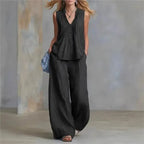 lady Button Splicing Design Top+wide Leg Pants Two-piece Set Women's Summer Fashion Sleeveless V-neck Top Pants Office Outfit by Adornity