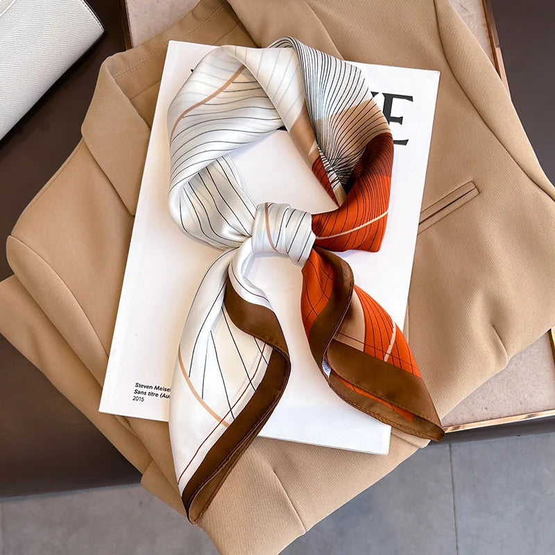 Women's Silk Scarf - 70x70cm Square Printed Pashmina Shawl With Plaid Pattern