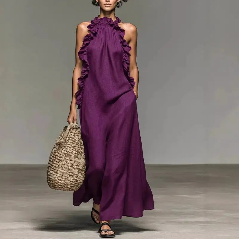Women's Sexy Halter Ruffle Maxi Dress Solid Pockets Loose Long Dress Summer Elegant Sleeveless Bohemian Vacation Beach Dress by Adornity