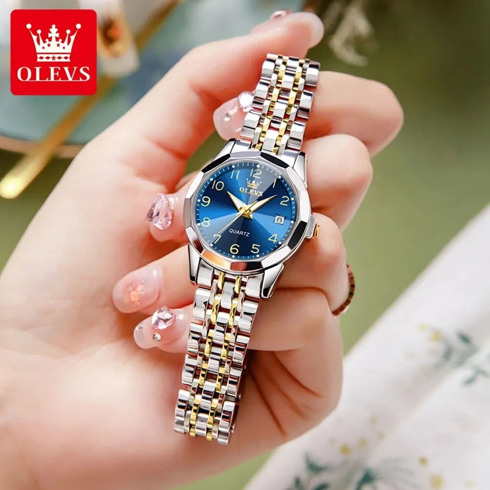 Luxury Quartz Watch - OLEVS Women's Stainless Steel Wristwatch with Digital Dial Calendar