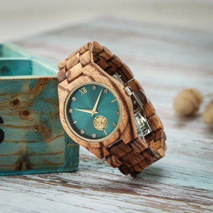 Wooden Quartz Watch with Simulated Diamond Dial for Women