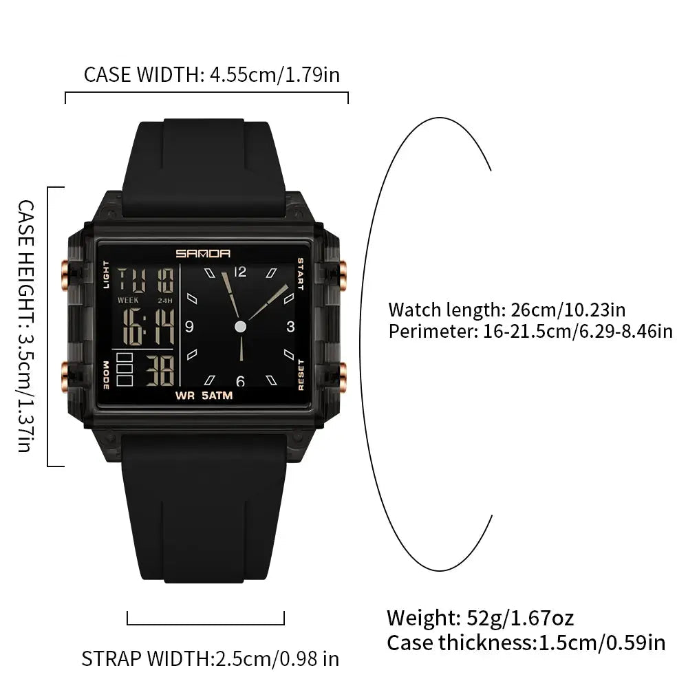 SANDA Luxury Brand Digital Watch for Men Women Square Dial Sport Waterproof Watches Man LED Pointer Display Relogios Masculino by Adornity