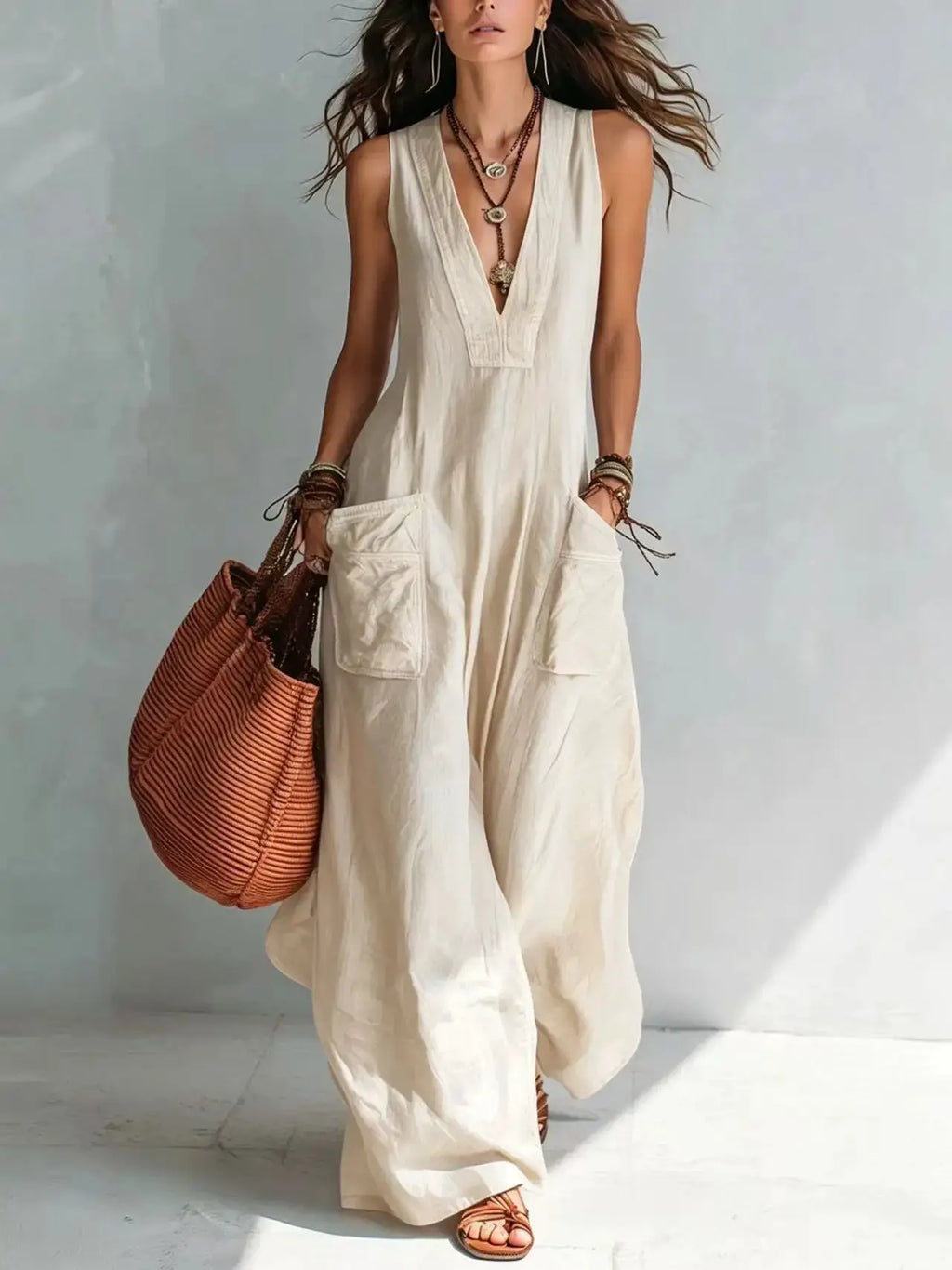 Summer Sleeveless Cotton Linen Jumpsuit Women V Neck Loose Wide Leg Pants Double Pocket Jumpsuit Casual Commuting Bodysuits by Adornity