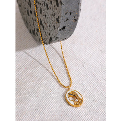 Gold Plated Stainless steel Natural Shell Zircon Portrait Pendant Chain Necklace