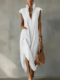 Fashion Ruffle Stand Collar Women's Sleeveless Dress Summer New Casual Loose Pocket Female Side Slit Vacation Deep V-Neck Dress by Adornity