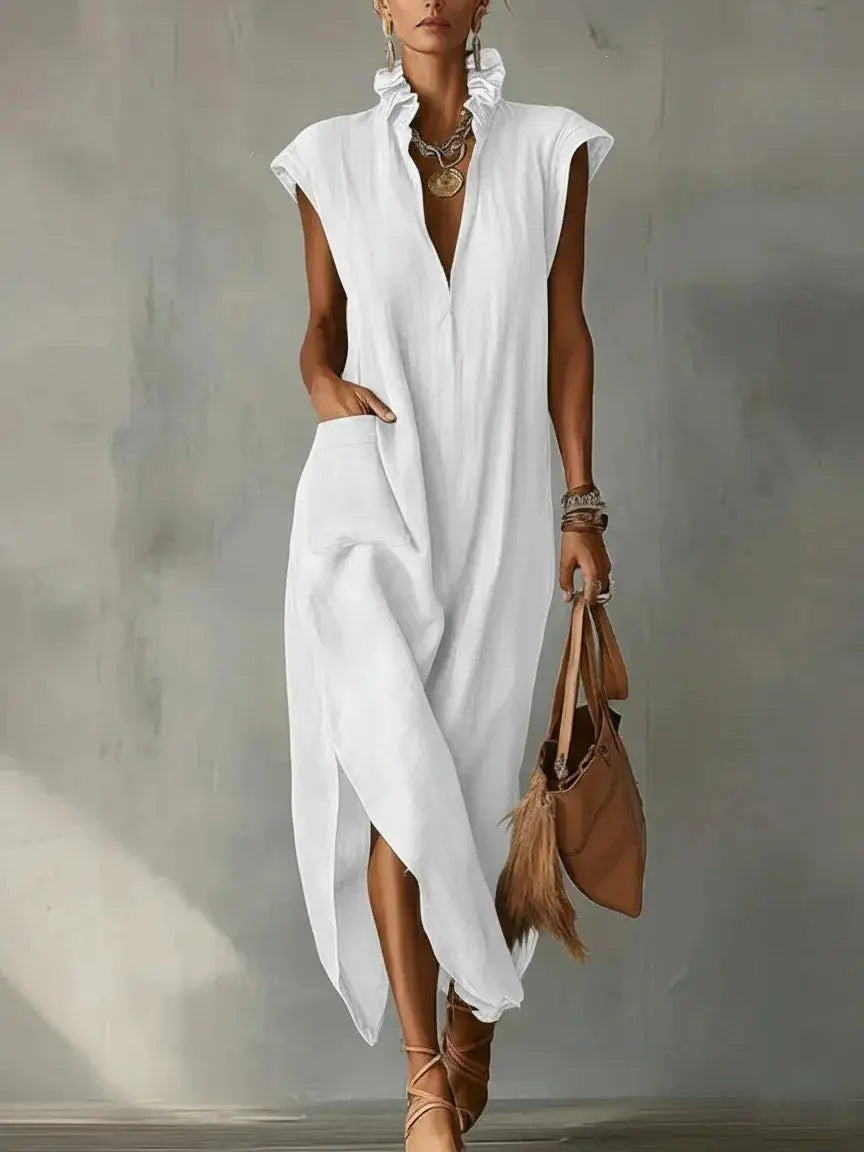 Fashion Ruffle Stand Collar Women's Sleeveless Dress Summer New Casual Loose Pocket Female Side Slit Vacation Deep V-Neck Dress by Adornity