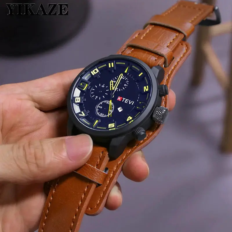 Retro Men's Watches High-end Luxury Man Watch PU Leather Strap Date Business Quartz Watch Big Dial Military tactical Wristwatch by Adornity