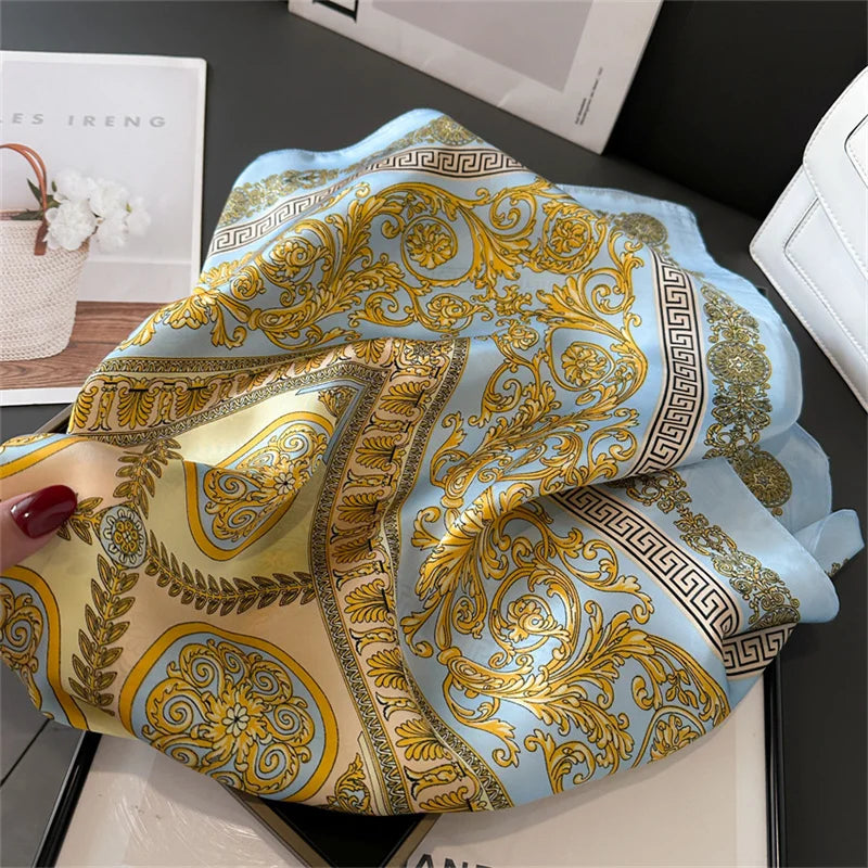 Women's Silk Scarf - 70x70cm Square Printed Pashmina Shawl With Plaid Pattern