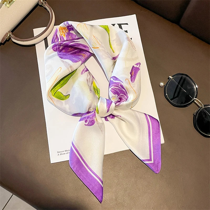 Luxury Silk Satin Scarf for Women - Printed Shawl Bandana 70x70cm