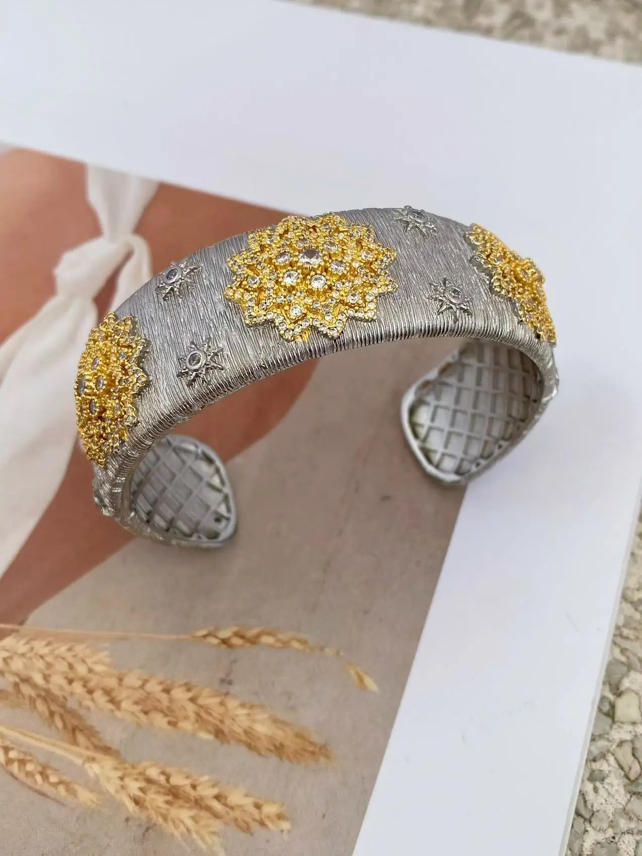 Gold Plated Bracelet – Cubic Zirconia Ring & Flower Pattern Vintage Copper Bangles Set