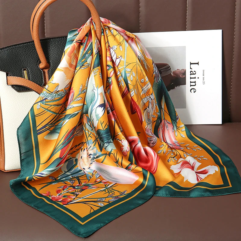 Luxury Silk Satin Scarf for Women - Printed Shawl Bandana 70x70cm