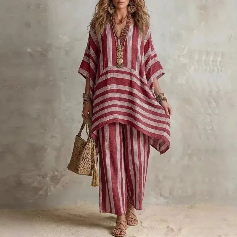 Boho Vintage Striped Print 2 Piece Sets Woman Spring V Neck Half Sleeve Top Wide Leg Pants Outfit New Summer Beach Vacation Suit by Adornity