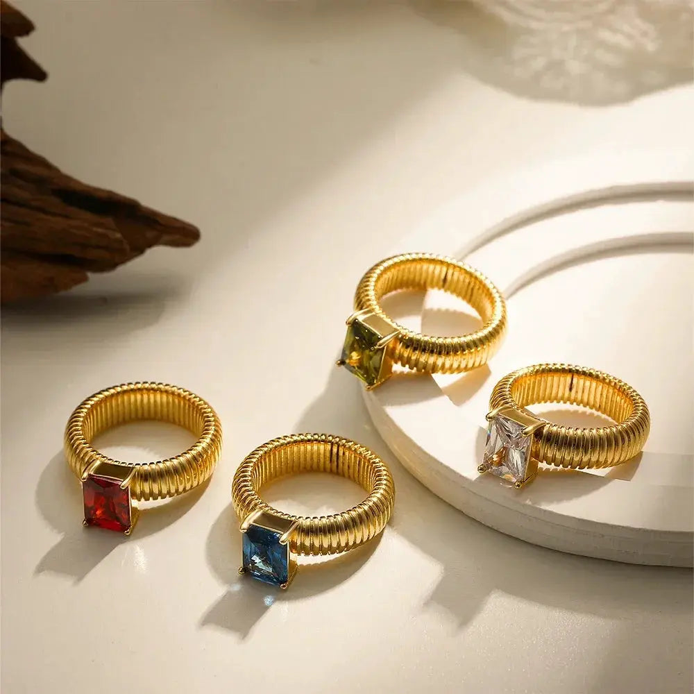18K Gold Plated Waterproof Multi-color Crystal Chunky Striped Texture Rings Delicate Shiny Square Zircon Wed Ring Punk Jewelry by Adornity