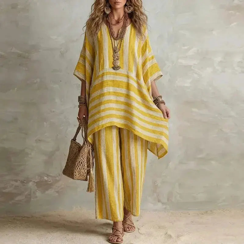 Boho Vintage Striped Print 2 Piece Sets Woman Spring V Neck Half Sleeve Top Wide Leg Pants Outfit New Summer Beach Vacation Suit by Adornity
