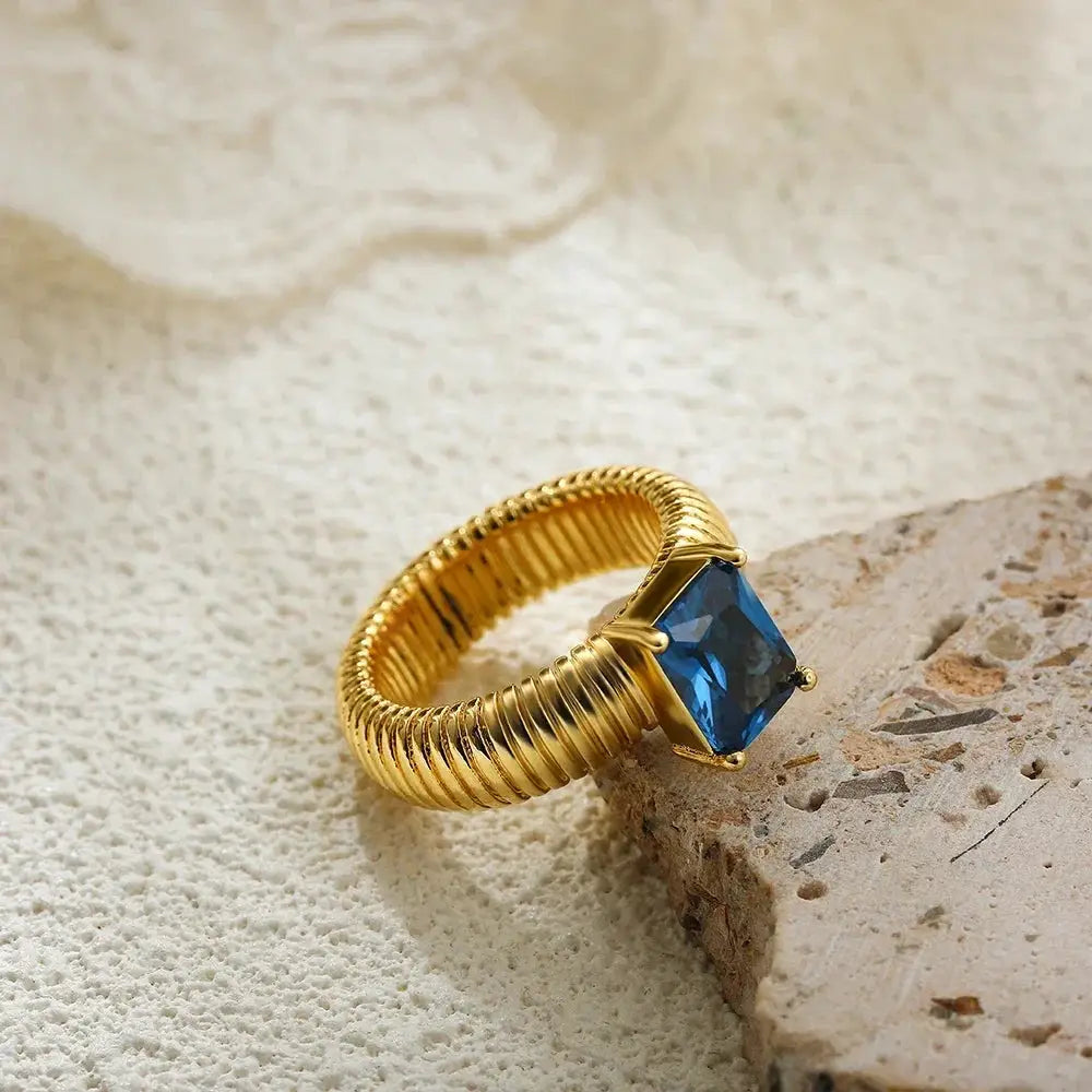 18K Gold Plated Waterproof Multi-color Crystal Chunky Striped Texture Rings Delicate Shiny Square Zircon Wed Ring Punk Jewelry by Adornity