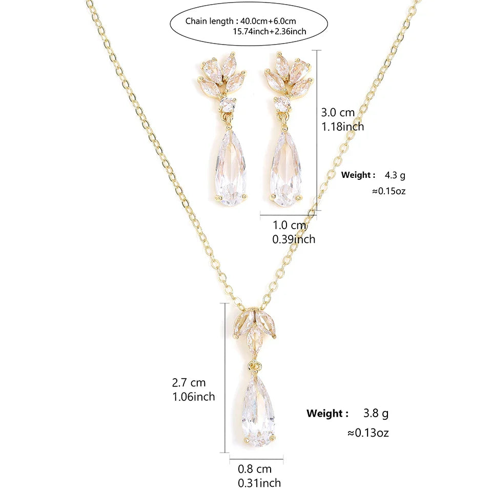 Bridal Water Drop Cubic Zirconia Dangle Necklace Earring  Stylish Flower Shape Bridal Set Wedding Jewelry