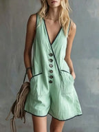 Fashion Color Blocking Wide Leg Jumpsuit V Neck Button Pocket Women's Casual Rompers Summer Sleeveless Vacation Beach Overalls by Adornity