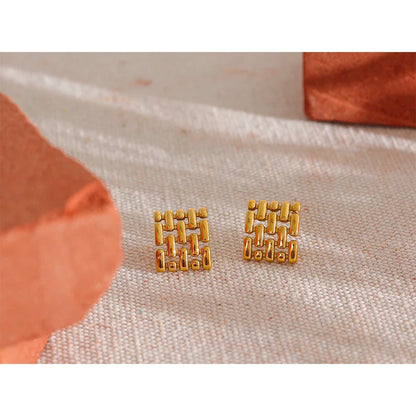 18k Gold Square Stud Earrings - Stainless Steel Geometric Texture