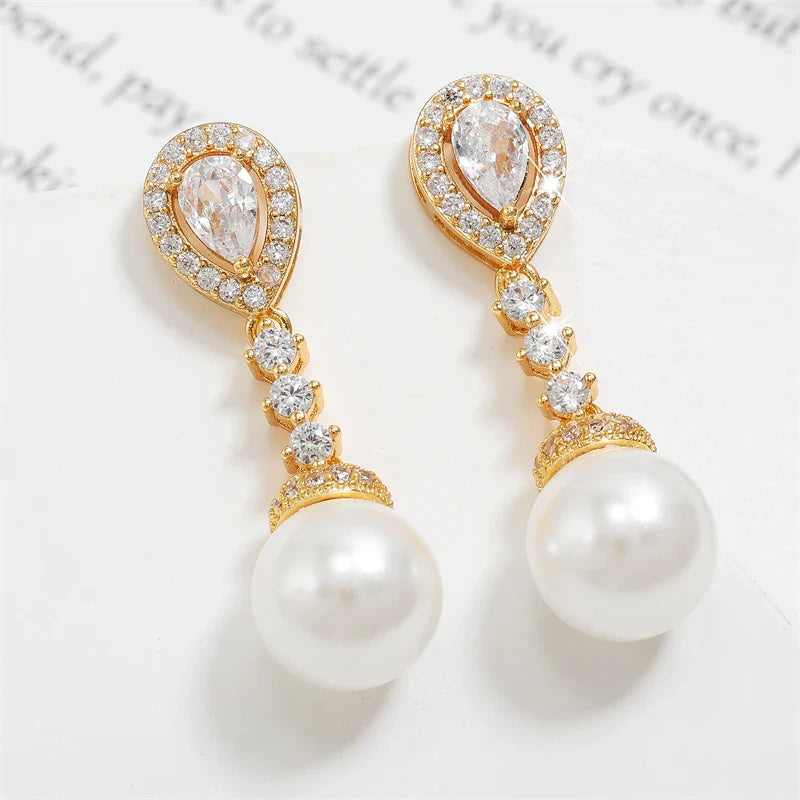 Bridal Elegant Round Imitation Pearl Earrings  Korean Fashion Water Drop CZ Bridal Earring Wedding Jewelry