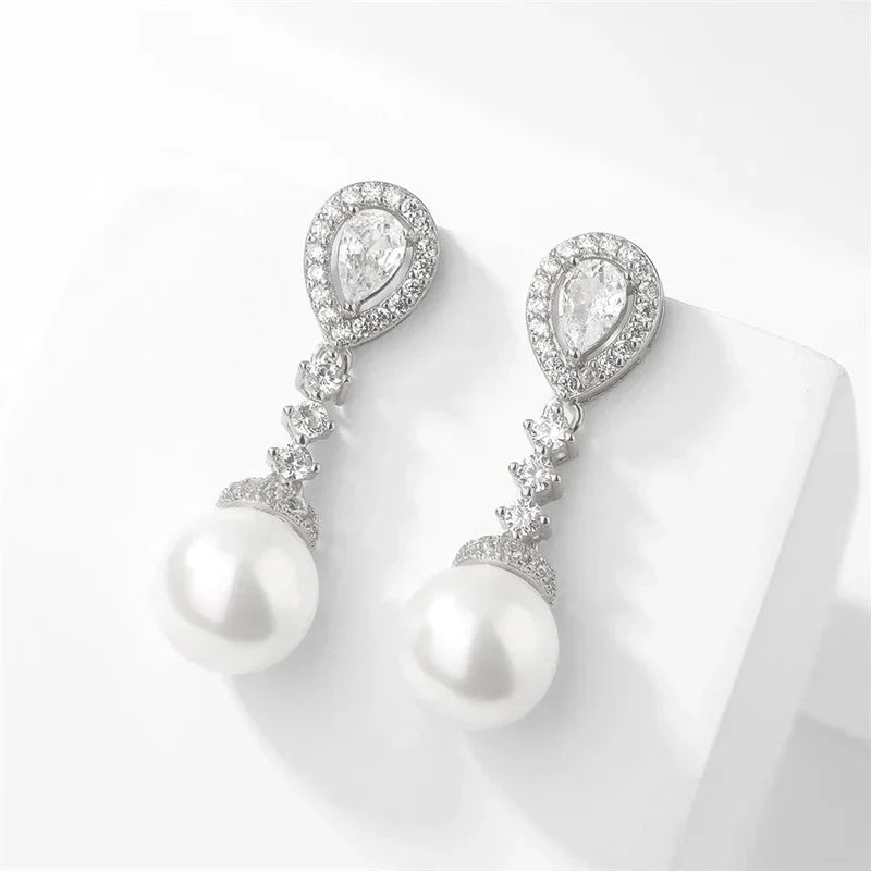 Bridal Elegant Round Imitation Pearl Earrings  Korean Fashion Water Drop CZ Bridal Earring Wedding Jewelry