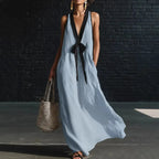 Women's Long Dress Solid Color 2026 Summer New Arrival Fashion Elegant Colorblock Deep V-neck Sleeveless Lace-Up Loose Dress by Adornity