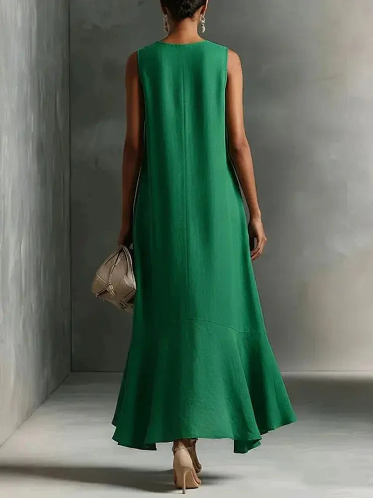 Solid Color Loose Long Dress For Women Summer Sexy V-neck Sleeveless Fashion Irregular Hem Dresses Lady Foreign Style Streetwear by Adornity