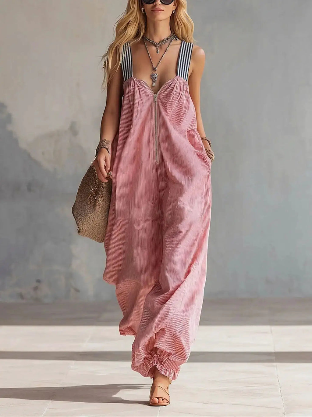 New 2026 Women's Spring Summer Striped Overalls in Stock with Zipper and Pleated Ankle Design Casual and Comfortable Jumpsuit by Adornity