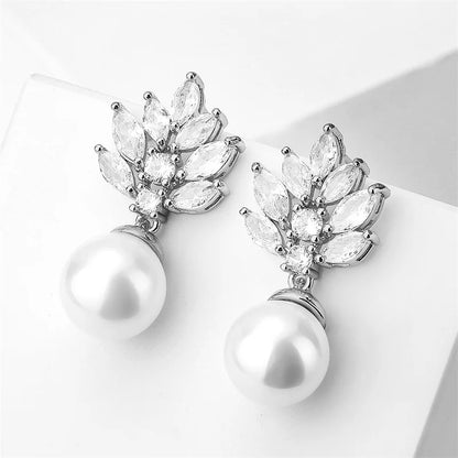 Bridal Fashion Pearl Stud Earrings  Cubic Zirconia Leaf Flower Earrings