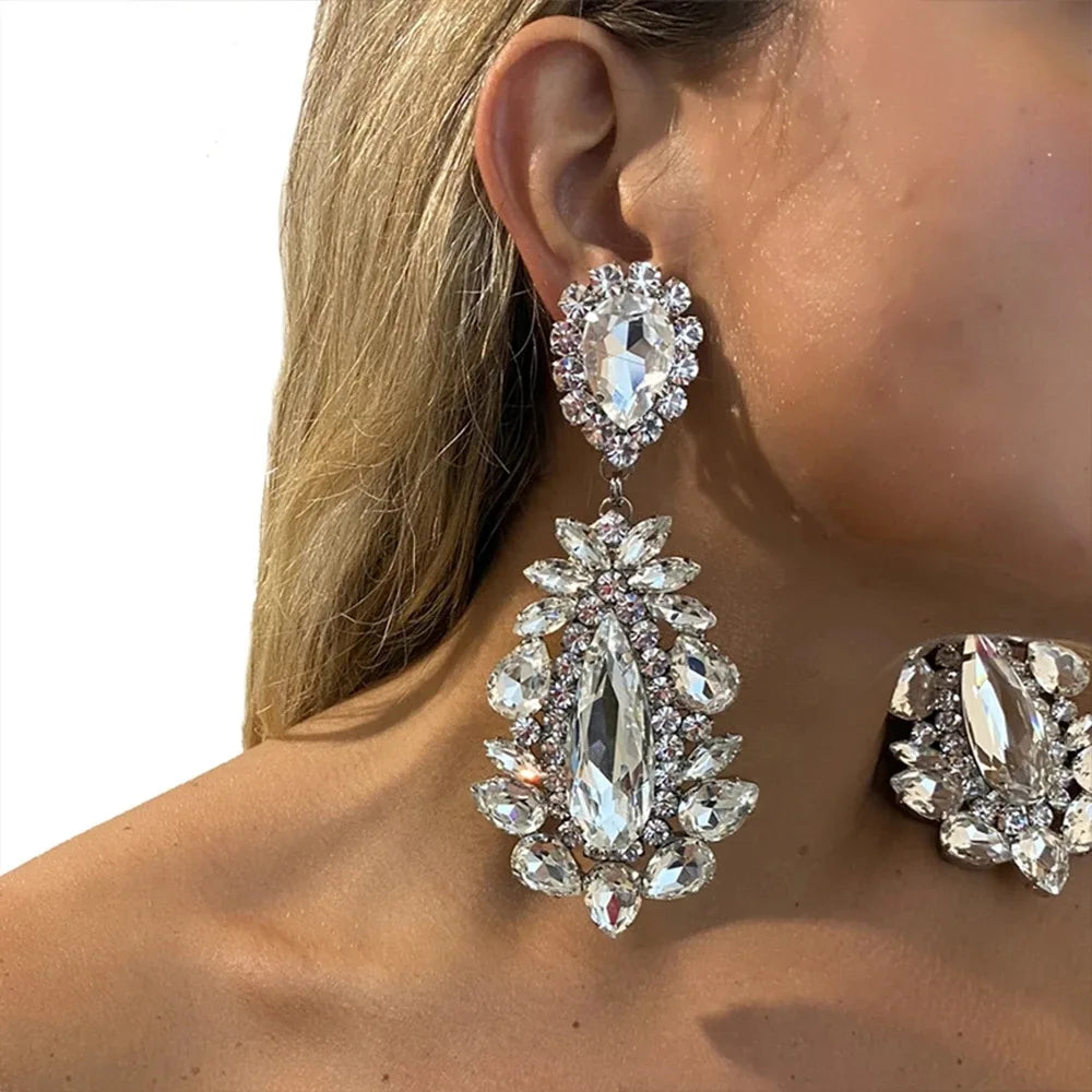 Vintage Rhinestone Statement Earrings, Exaggerated Fashion Wedding Accessories