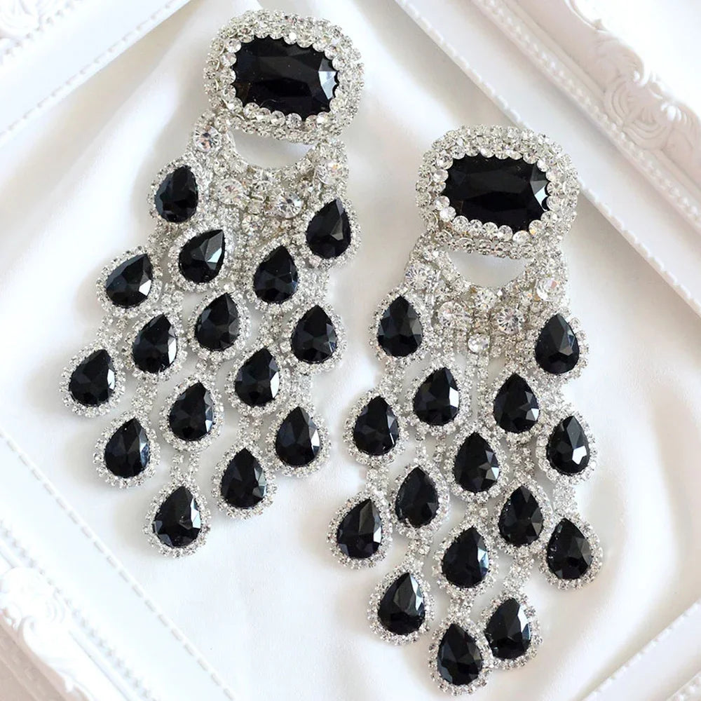 Chunky Black Crystal Tassel Earrings with Rhinestone and Copper