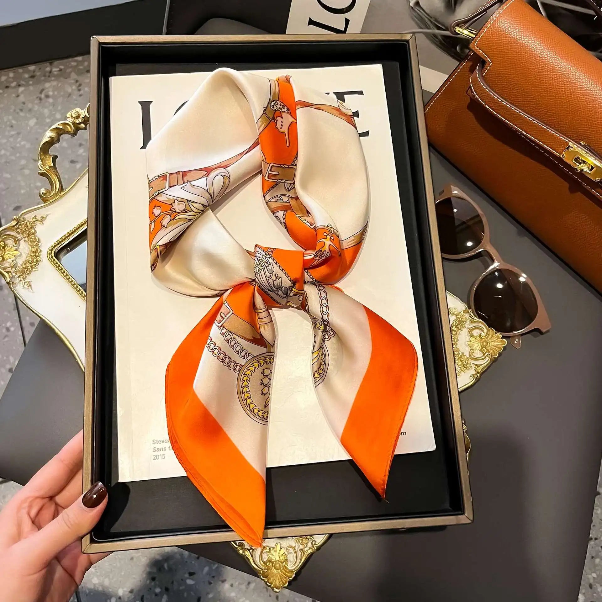 Women's Silk Scarf - 70x70cm Square Printed Pashmina Shawl With Plaid Pattern