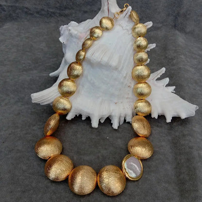 White Keshi Coin Pearl Brushed Bead Accents Necklace